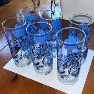 Set of 6 Cristar Mikonos Blue Floral Flowers Highball Tumbler Glasses